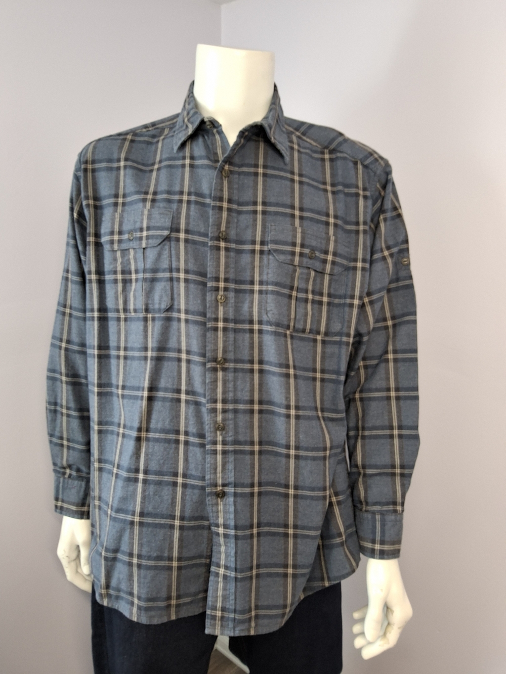 Bills Khakis Men's Blue Gray Plaid Button-Up Shirt Classic Fit Pocket XL
